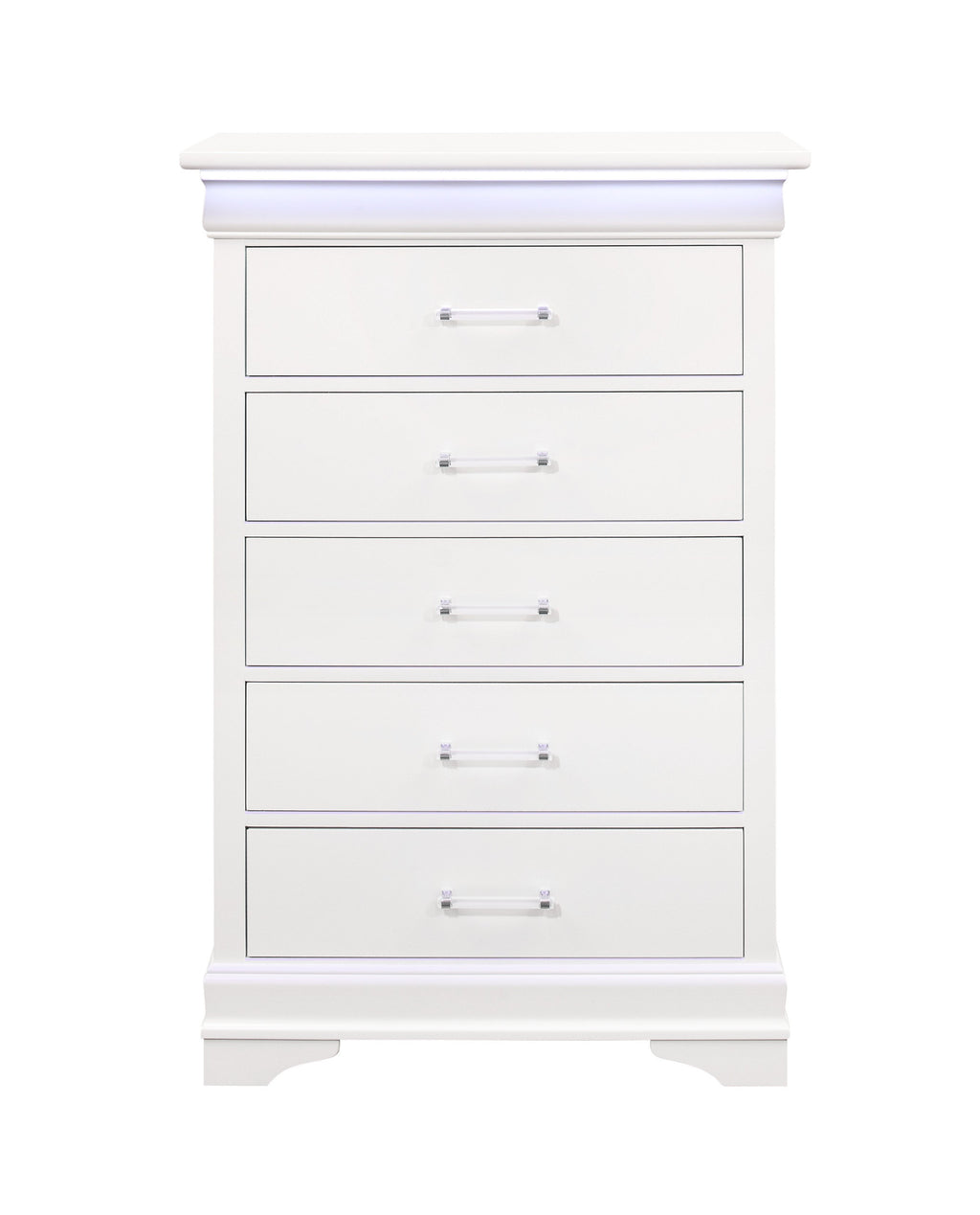 Side angle of 16" White Solid Wood Five Drawer Chest featuring LED Lighting