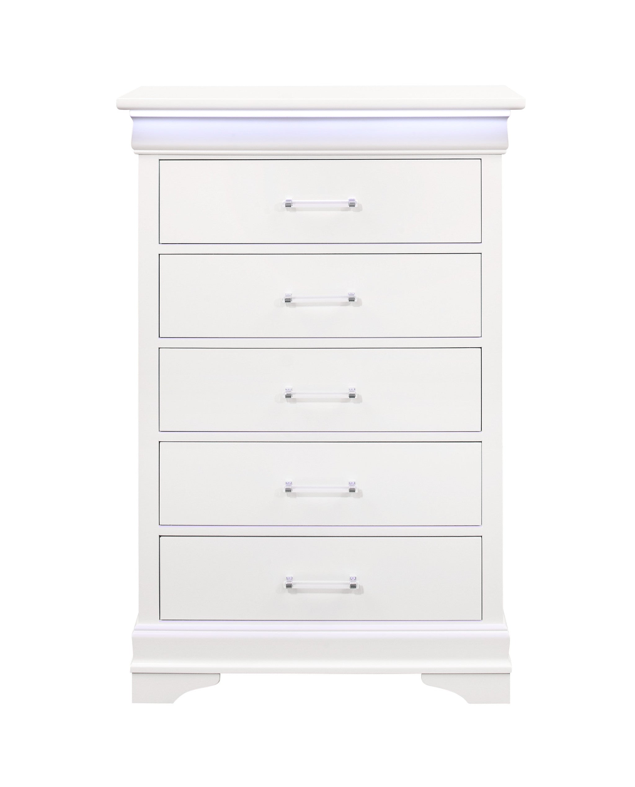 Side angle of 16" White Solid Wood Five Drawer Chest featuring LED Lighting