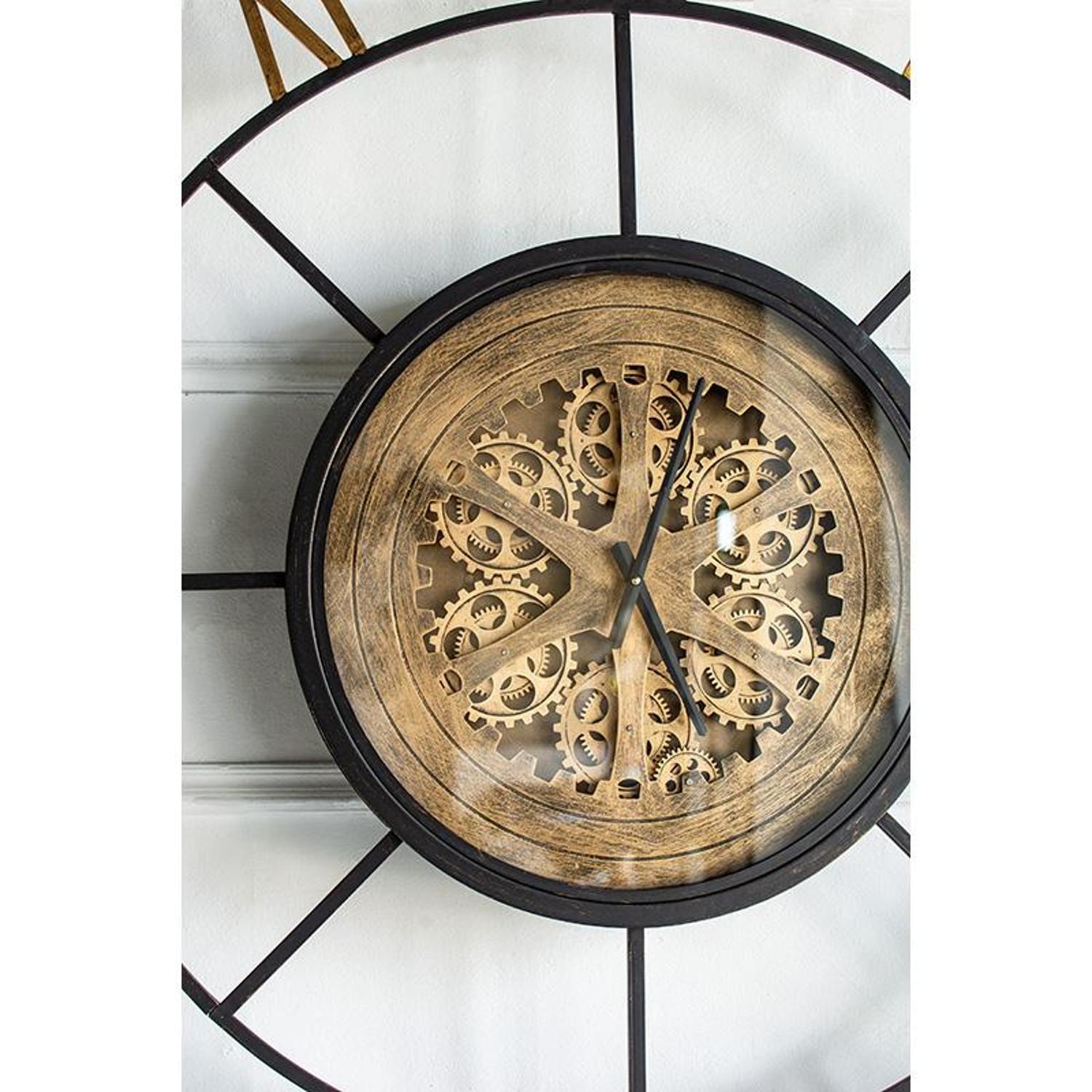 Front view of 56-Inch Circle Copper Metal and Glass Analog Exposed Gear Wall Clock