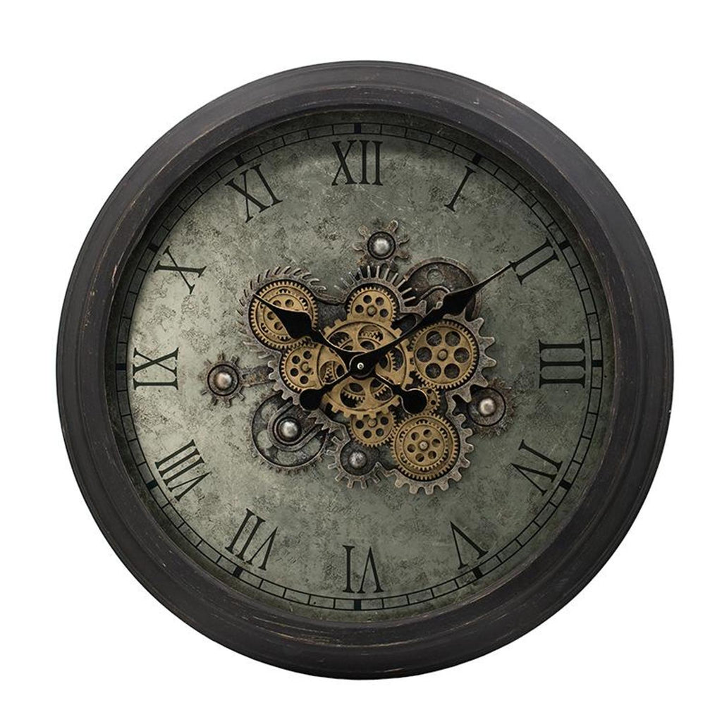 Front view of 28-Inch Black and Gray Wood Gear Wall Clock by Homeroots