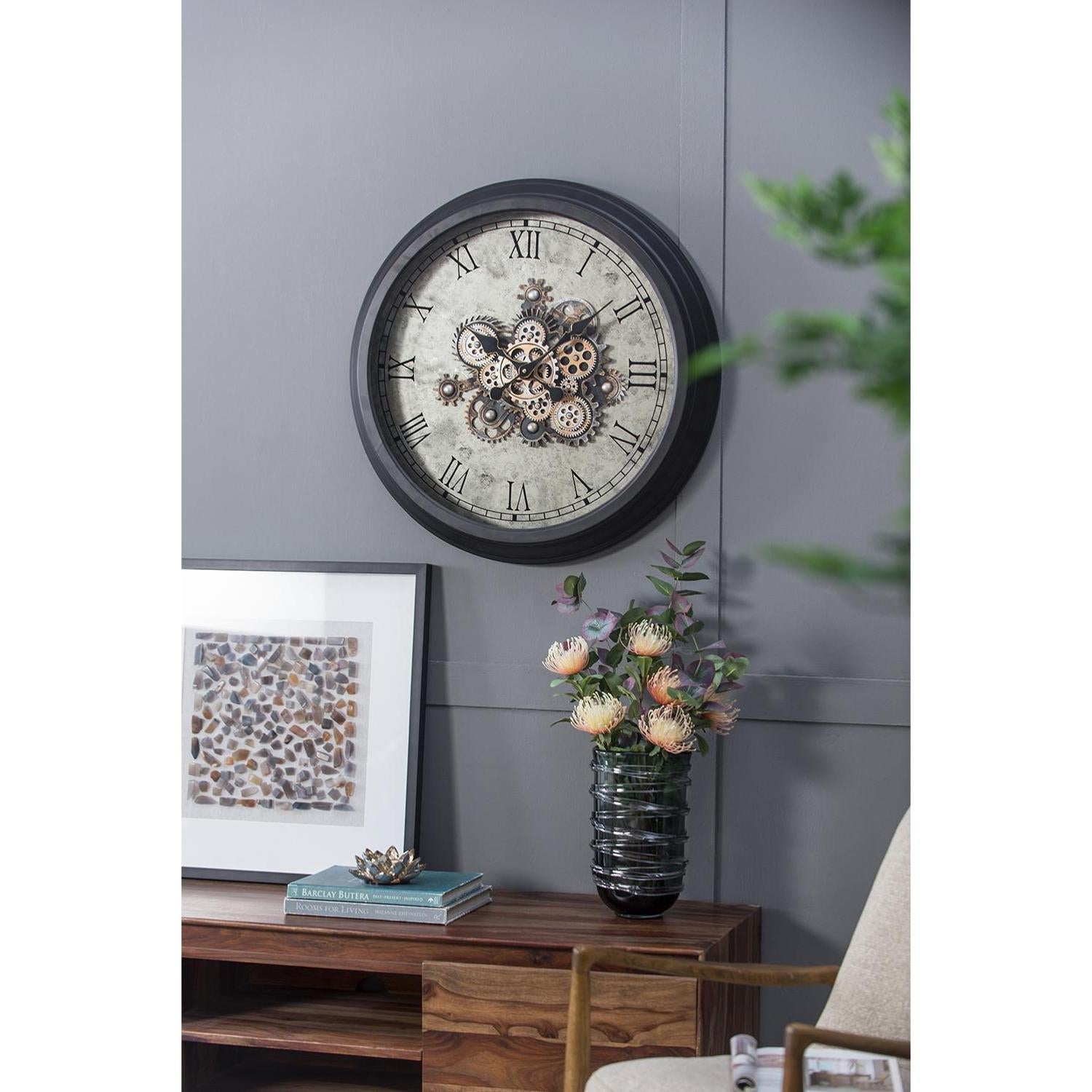 Elegant wall display featuring 28-Inch Gear Clock in living room