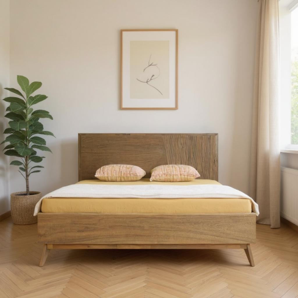 Front view of Elegant Natural Wood King Bed Frame by Homeroots