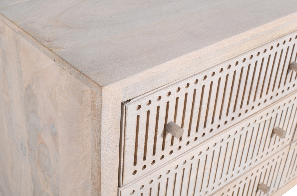 Close-up of drawer handles on 48" Brushed Ivory Solid Wood Dresser