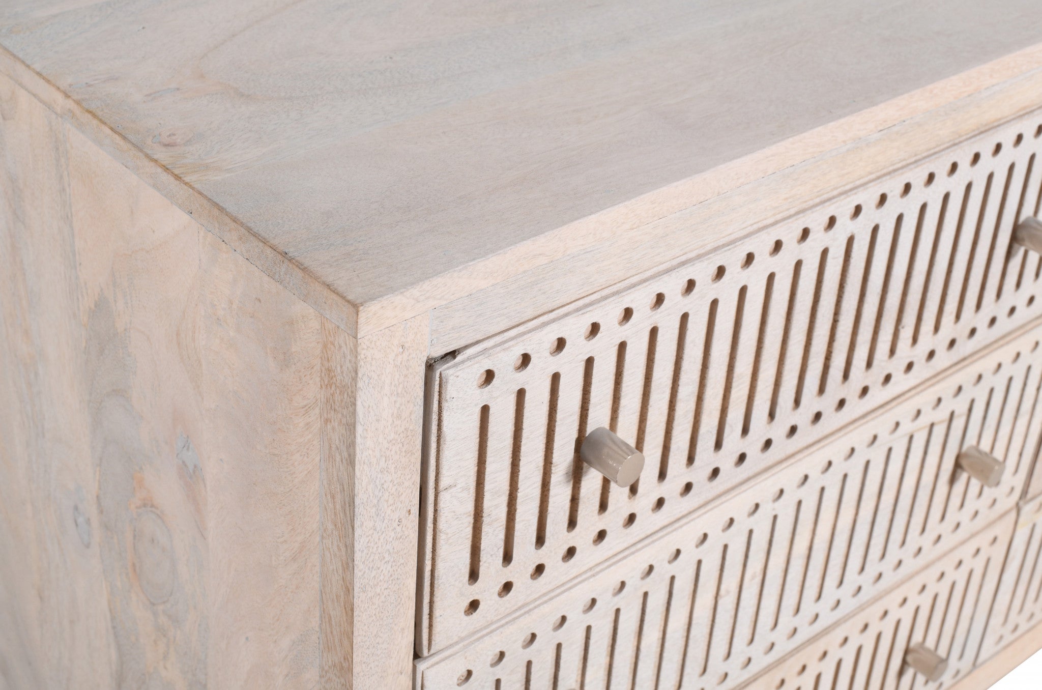 Close-up of drawer handles on 48" Brushed Ivory Solid Wood Dresser