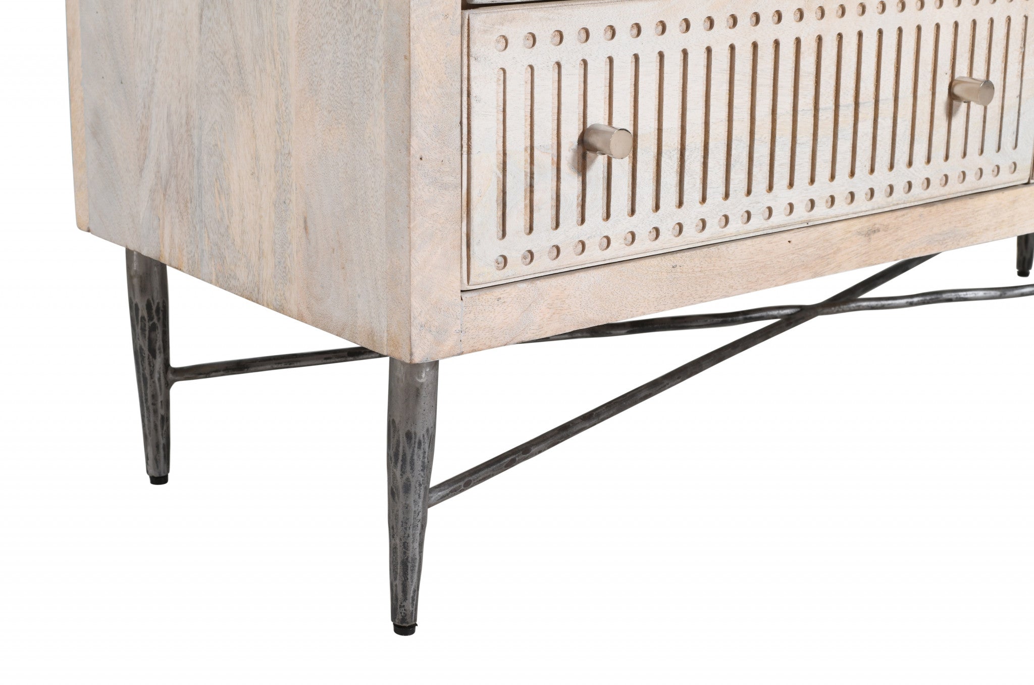 Top surface of 48" Brushed Ivory Solid Wood Dresser with cosmetics