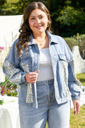 Stylish Plus Size Leopard Patchwork Denim Jacket by Threaded Pear