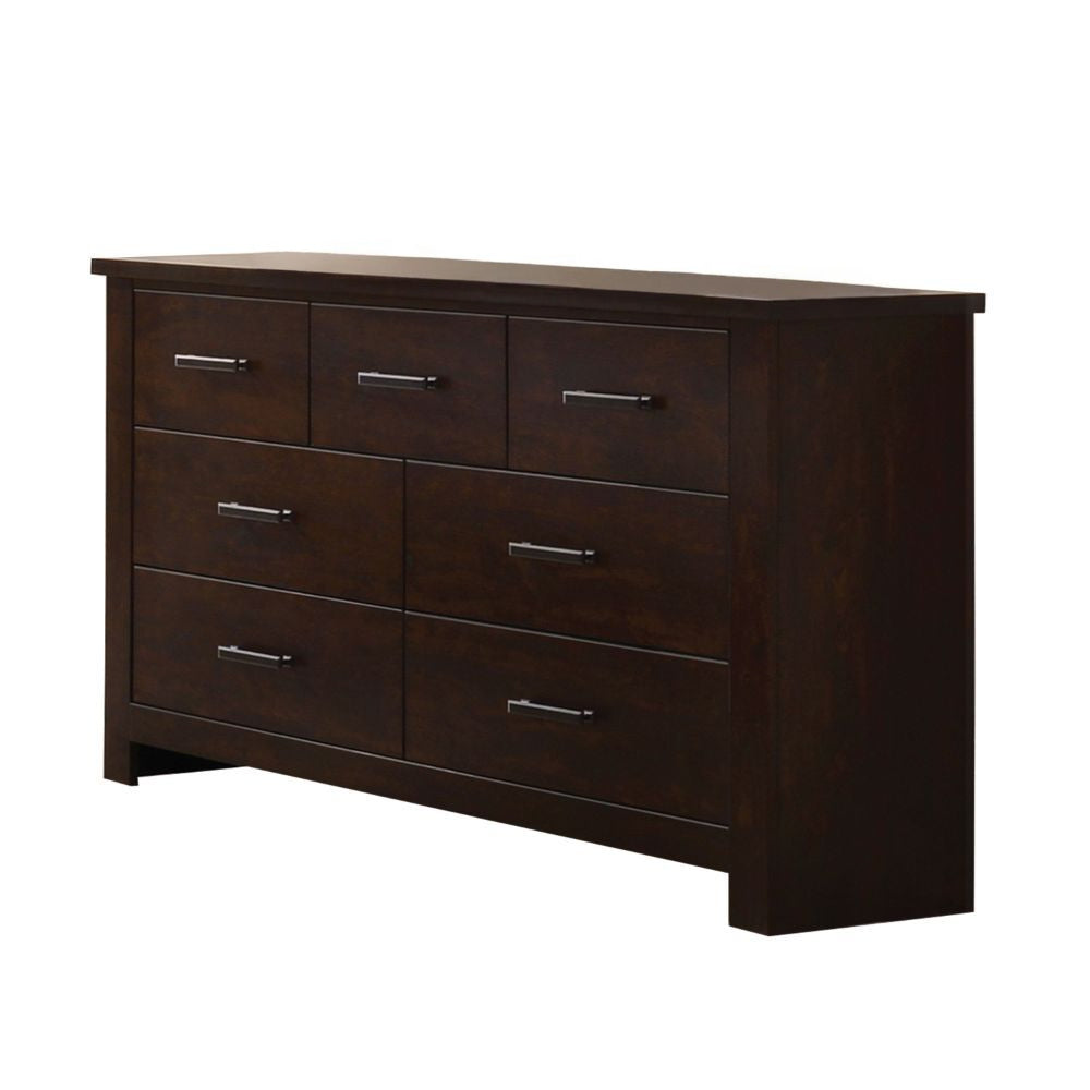 Side view of the 55-inch mahogany seven drawer double dresser in stylish decor