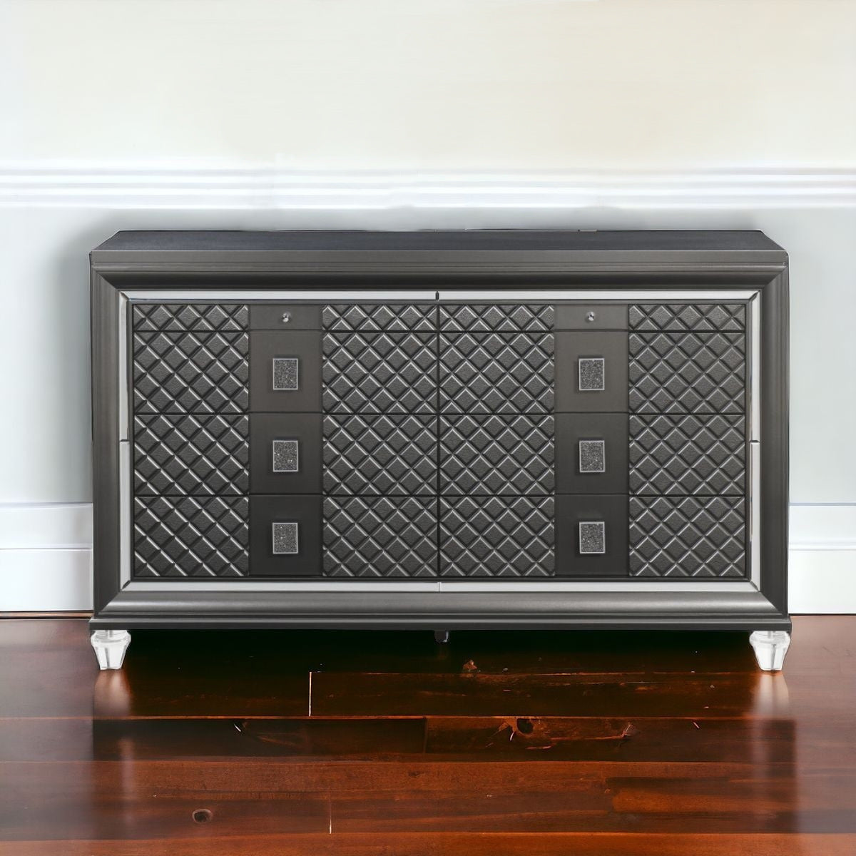 Close-up of the drawer handles on the 65" Gray Double Dresser by Gobingya