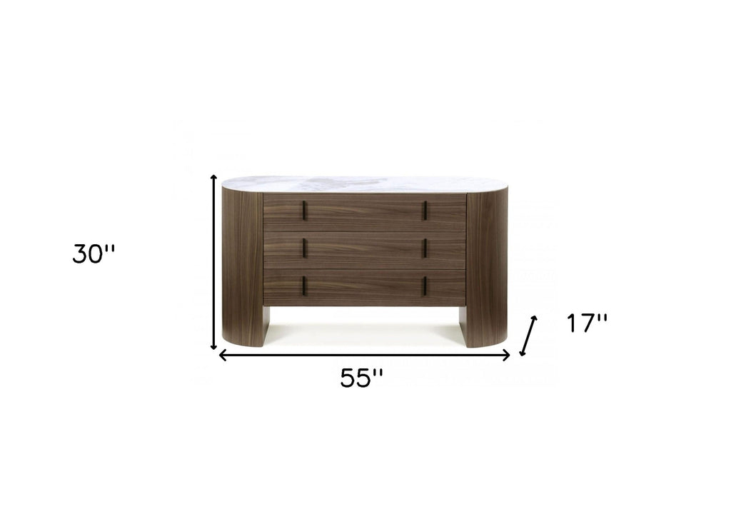 Side angle of 55" Walnut Marble Three Drawer Dresser showcasing spacious drawers