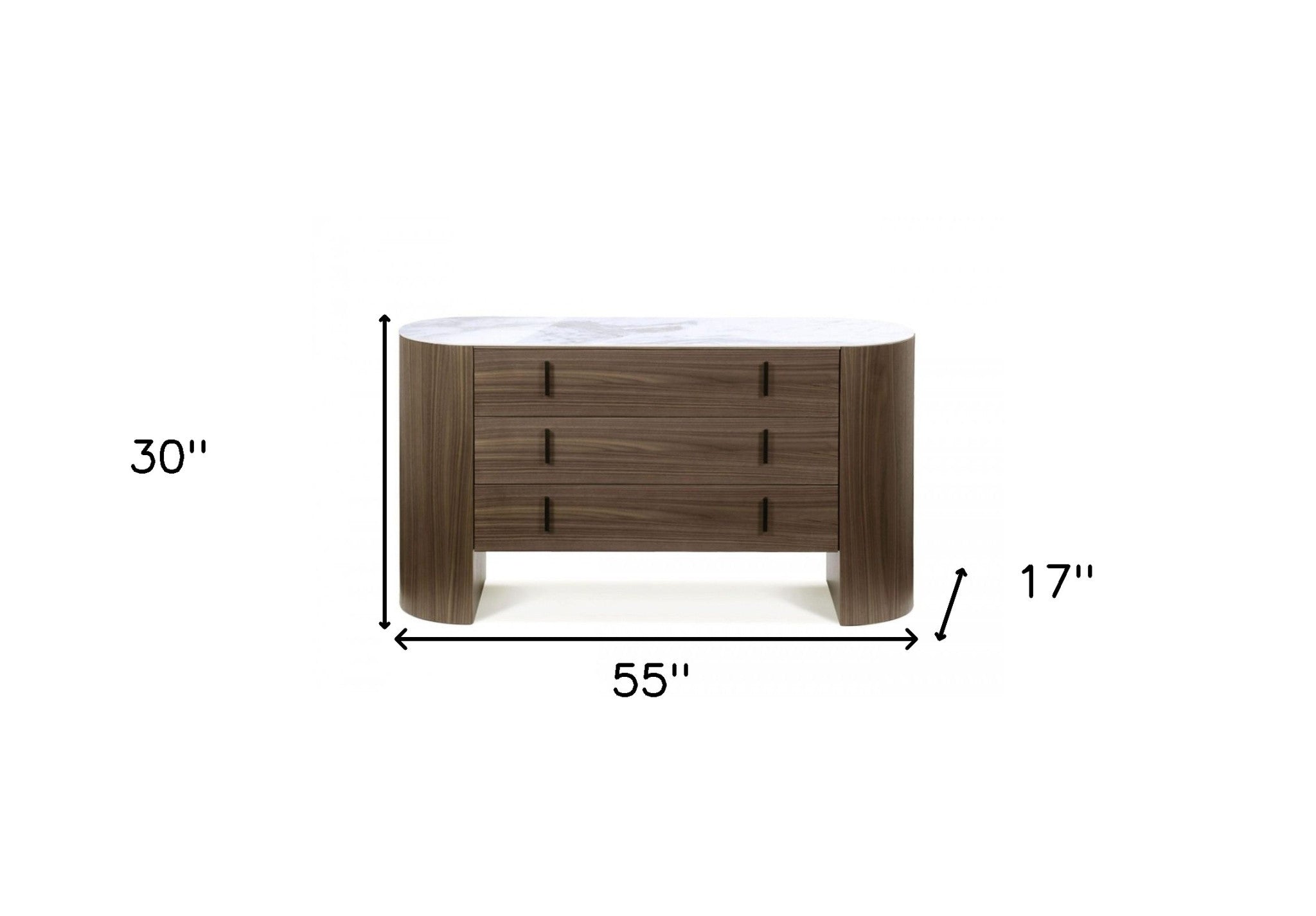Side angle of 55" Walnut Marble Three Drawer Dresser showcasing spacious drawers