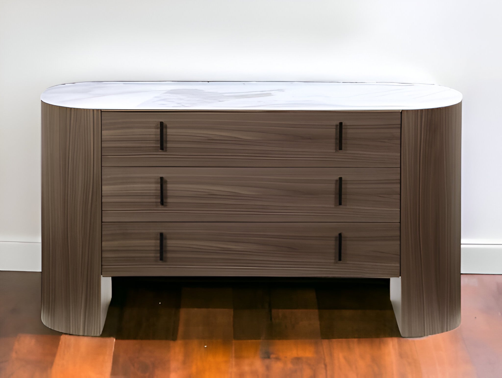 Interior view of drawers in 55" Walnut Marble Three Drawer Dresser for easy access