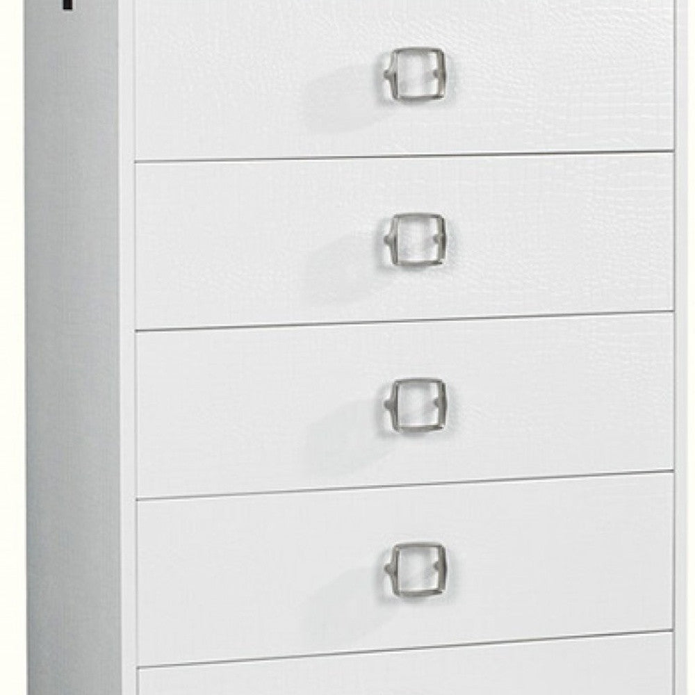 Close-up of the stainless steel drawer handle on the 32" White Six Drawer Chest
