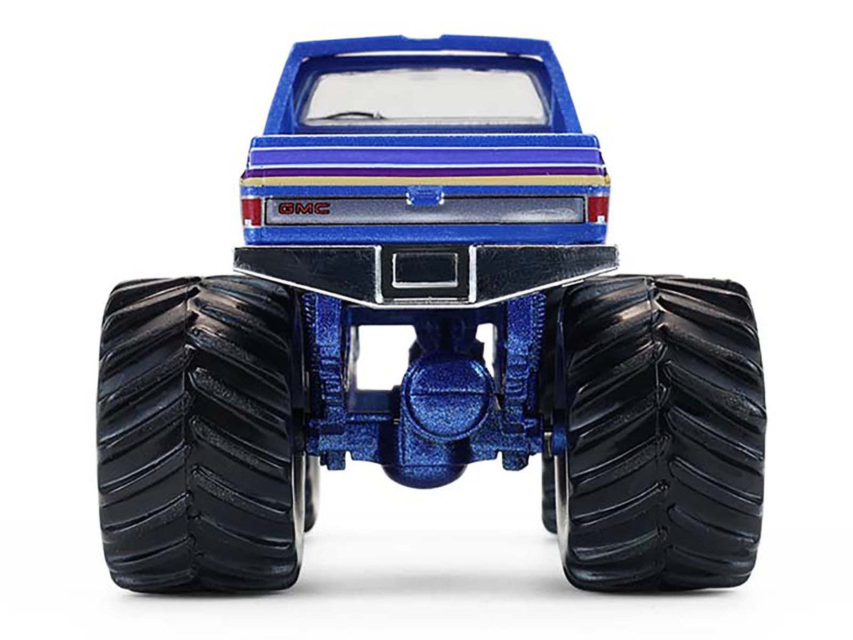 Front view of 1982 GMC Sierra 2500 Monster Truck Diecast Model in blue metallic