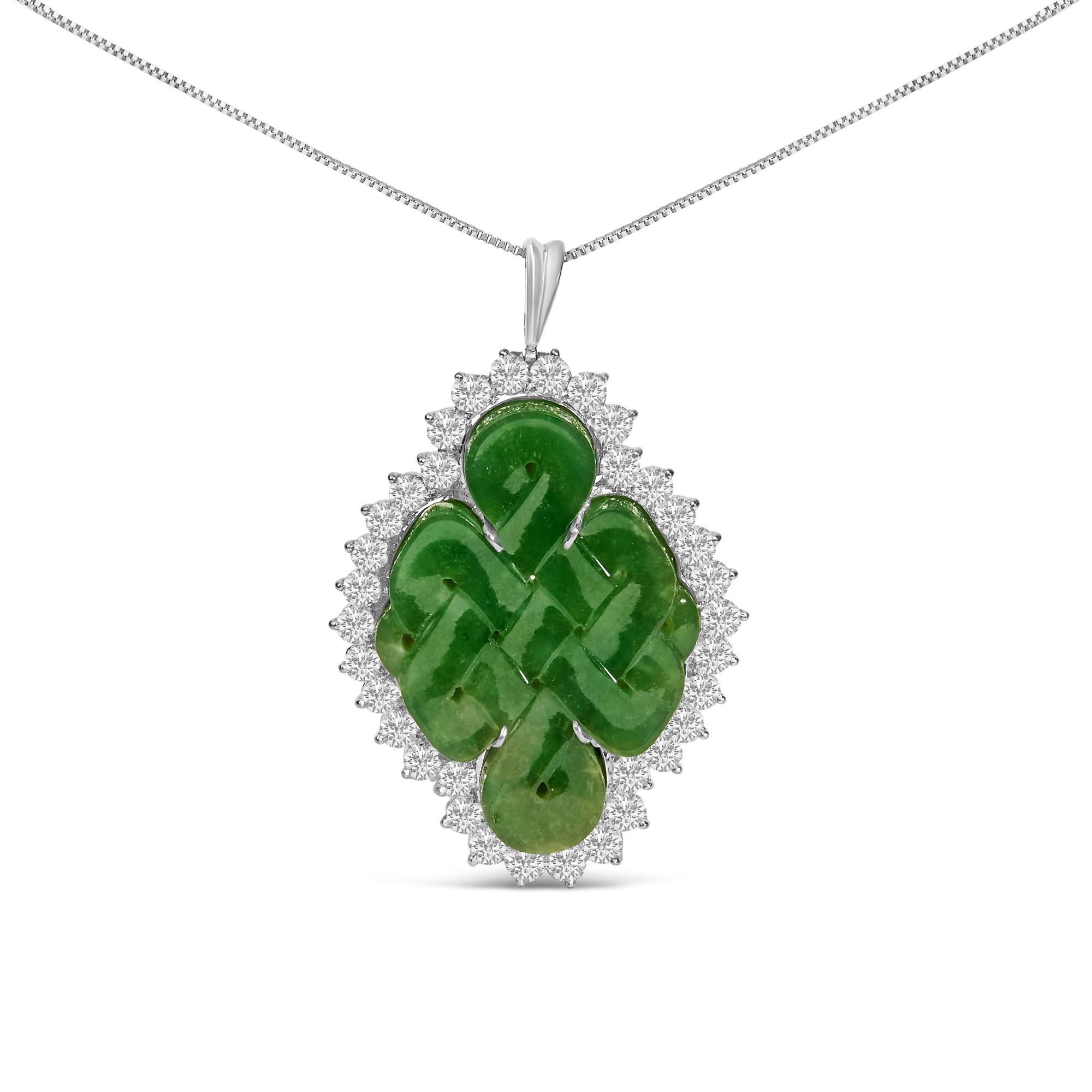 Side view of 18K White Gold Jade Shield Diamond Halo Brooch Pendant showcasing diamonds