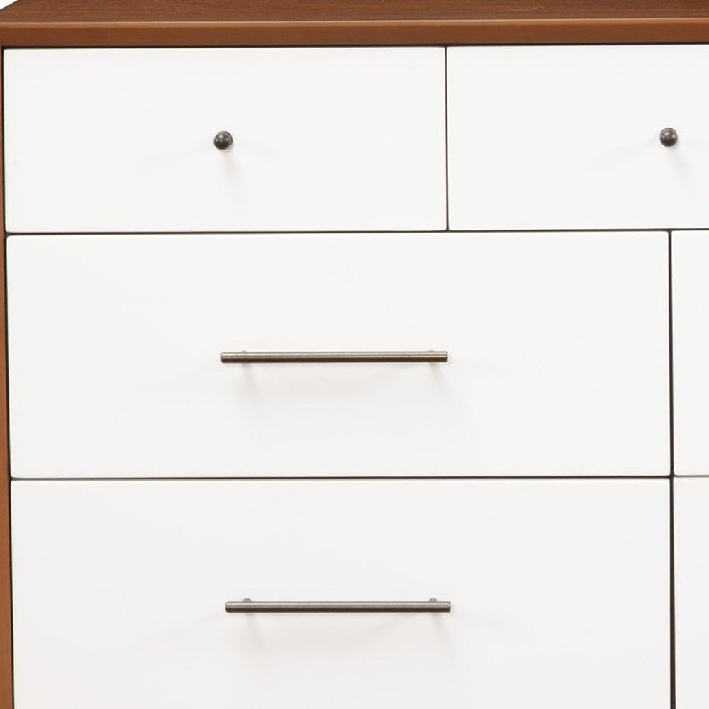 Back view of 56" Brown and White Solid Wood Seven Drawer Dresser highlighting construction