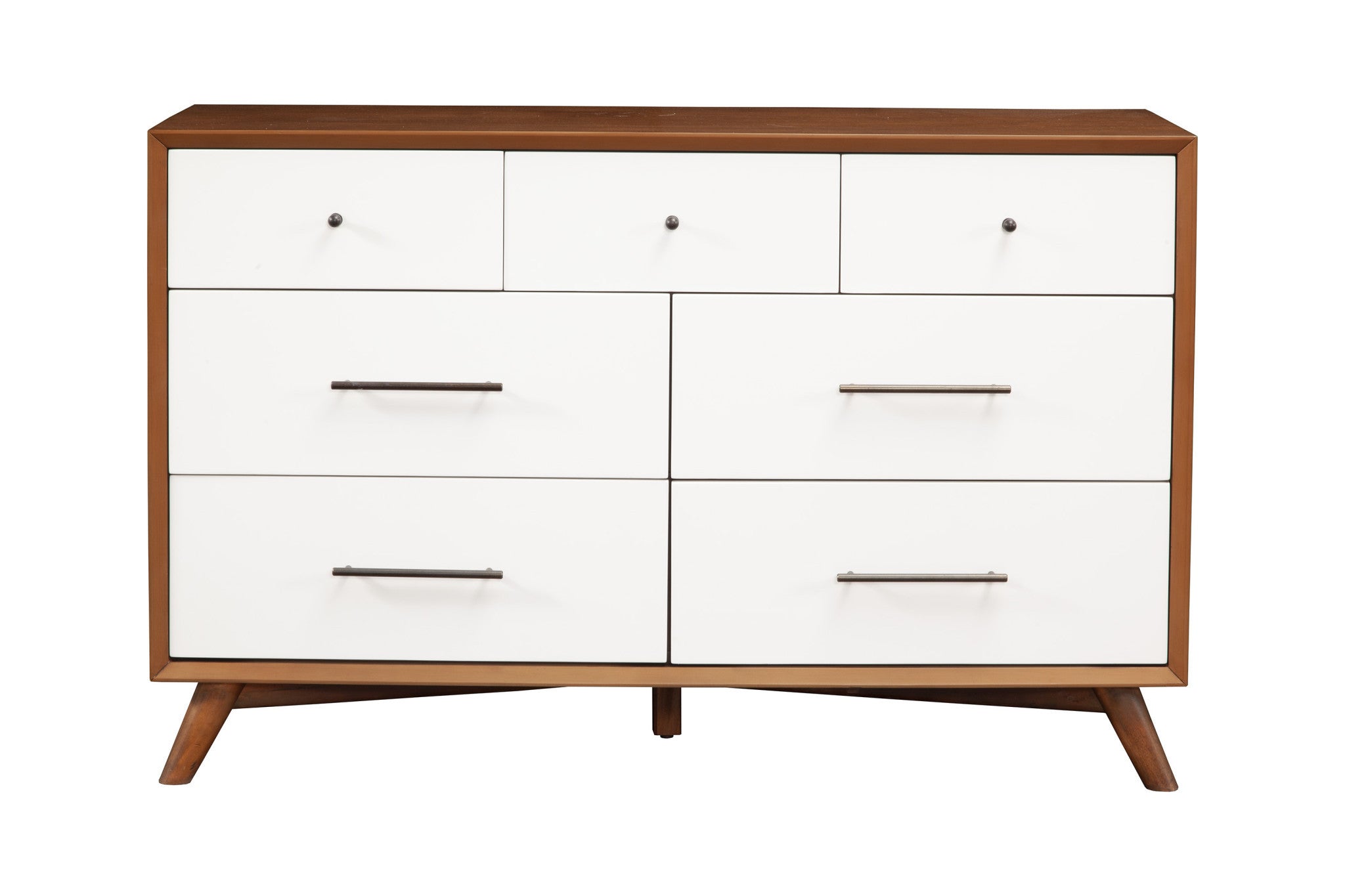 Front view of 56" Brown and White Solid Wood Seven Drawer Dresser by Homeroots