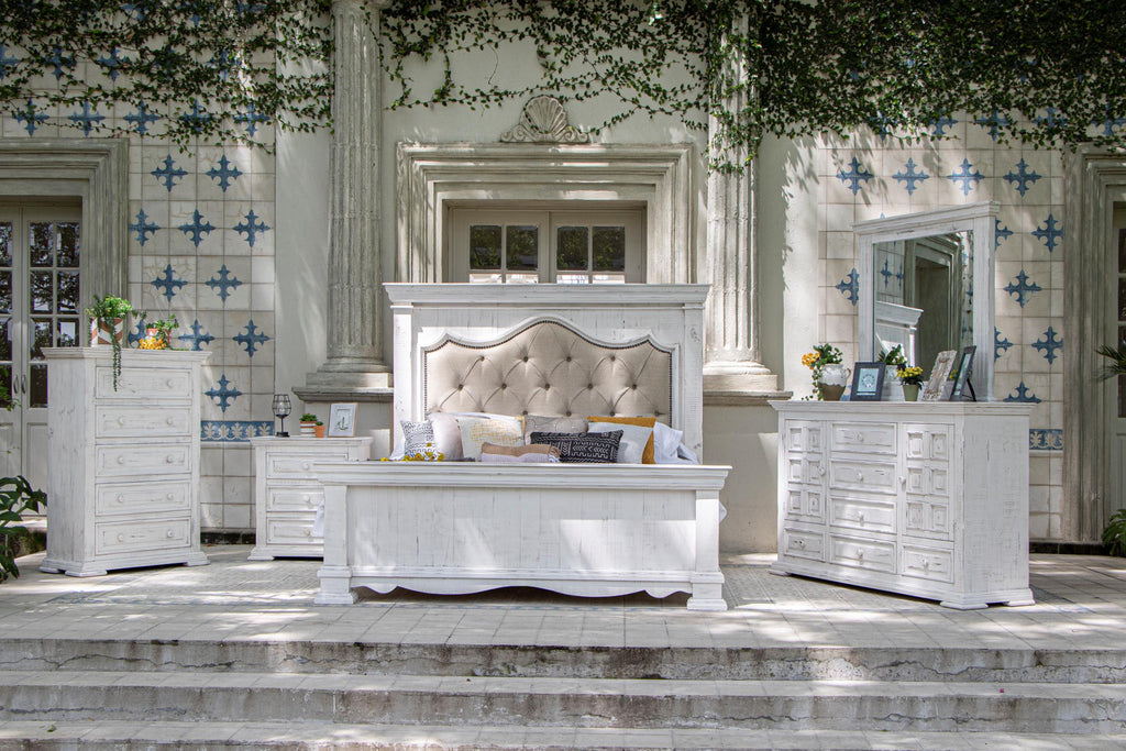 Top view of the 69" White Solid Wood Triple Dresser with decorative items