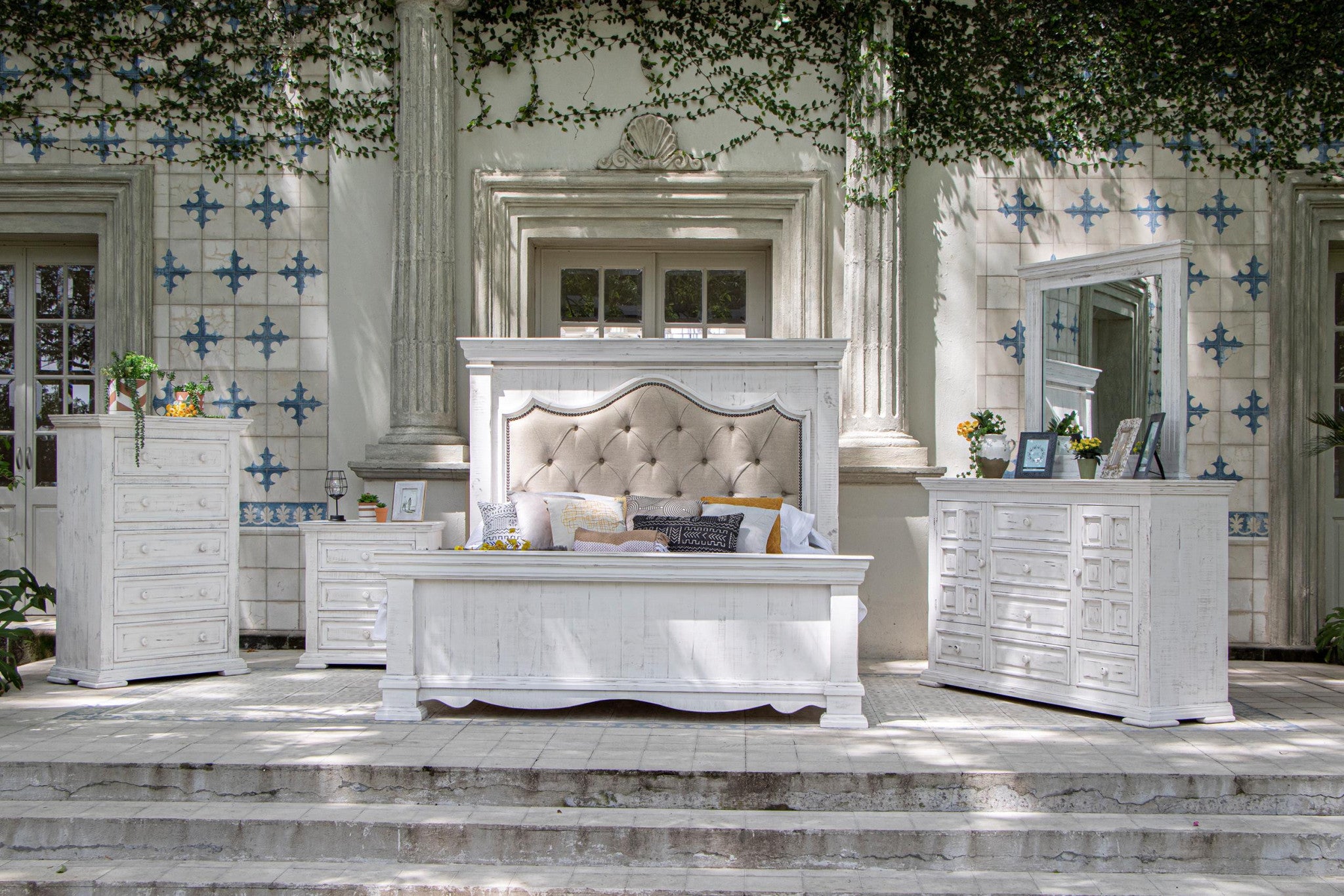 Top view of the 69" White Solid Wood Triple Dresser with decorative items