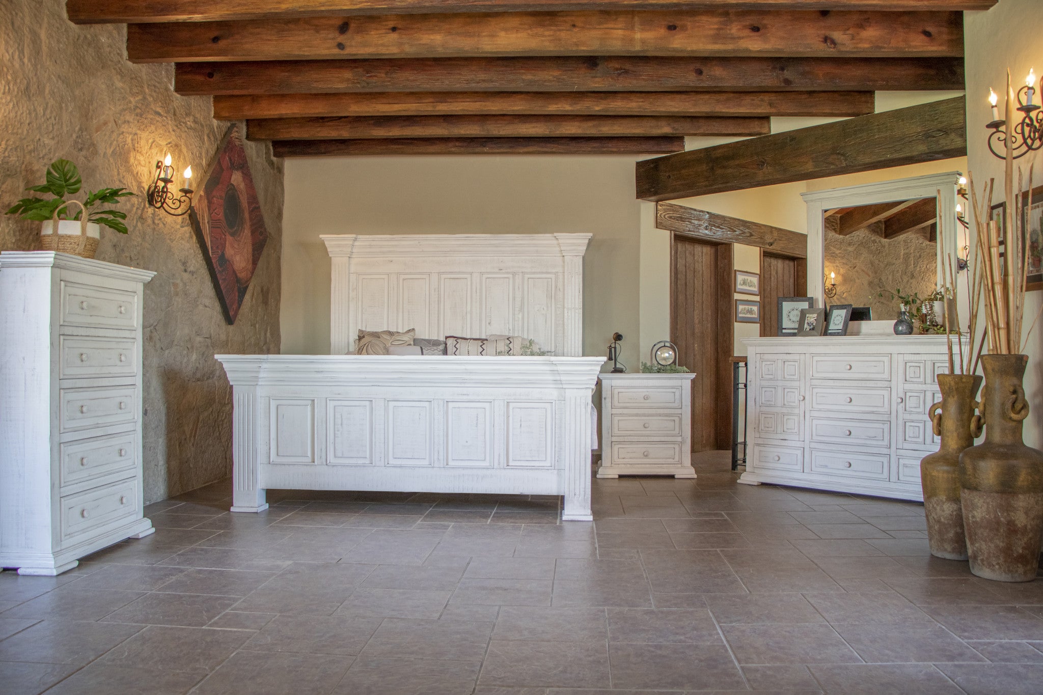 Close-up of the drawer handles on the 69" White Solid Wood Triple Dresser