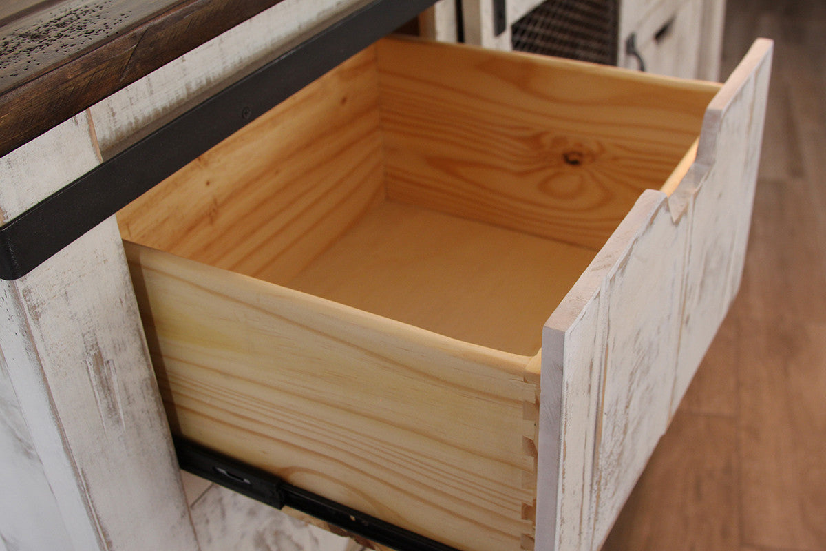 Interior view of drawers in 54" Brown and White Solid Wood Dresser