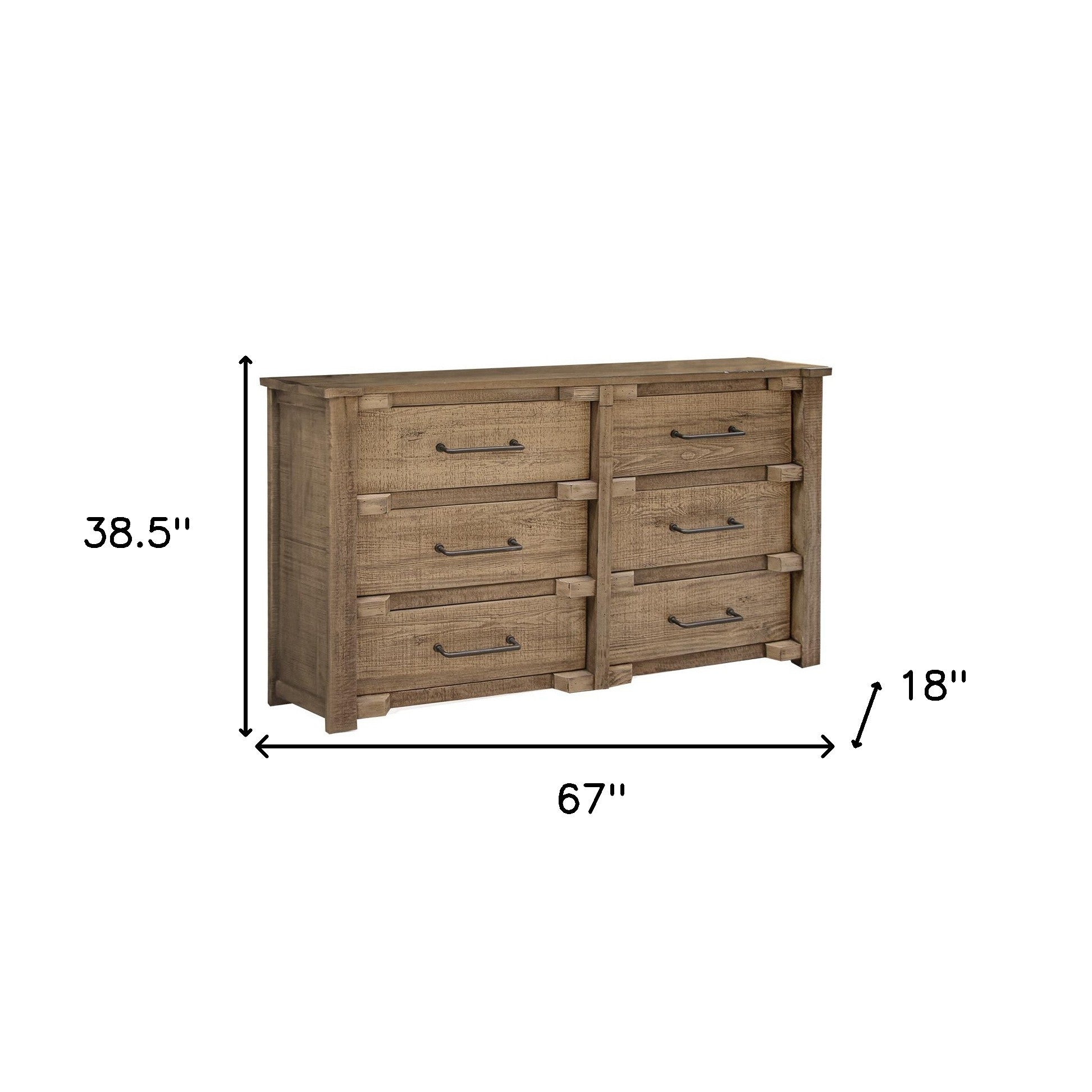 Close-up of the six spacious drawers of 67" Solid Wood Double Dresser