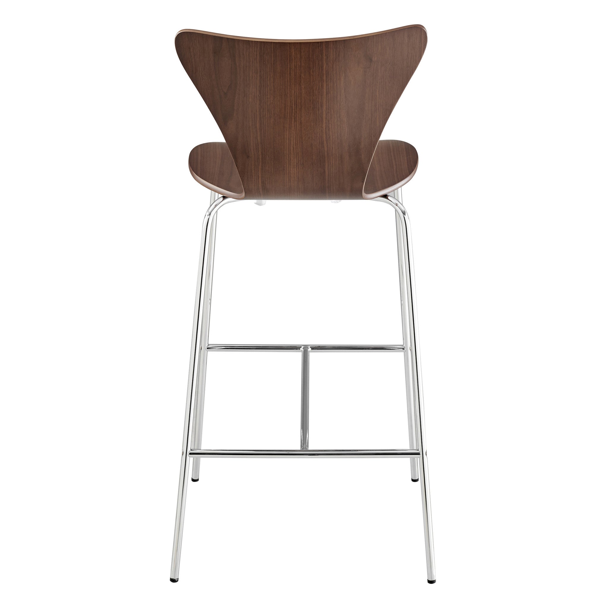 Side angle of 30" Brown and Silver Metallic Stainless Steel Bar Chair showcasing wood seat