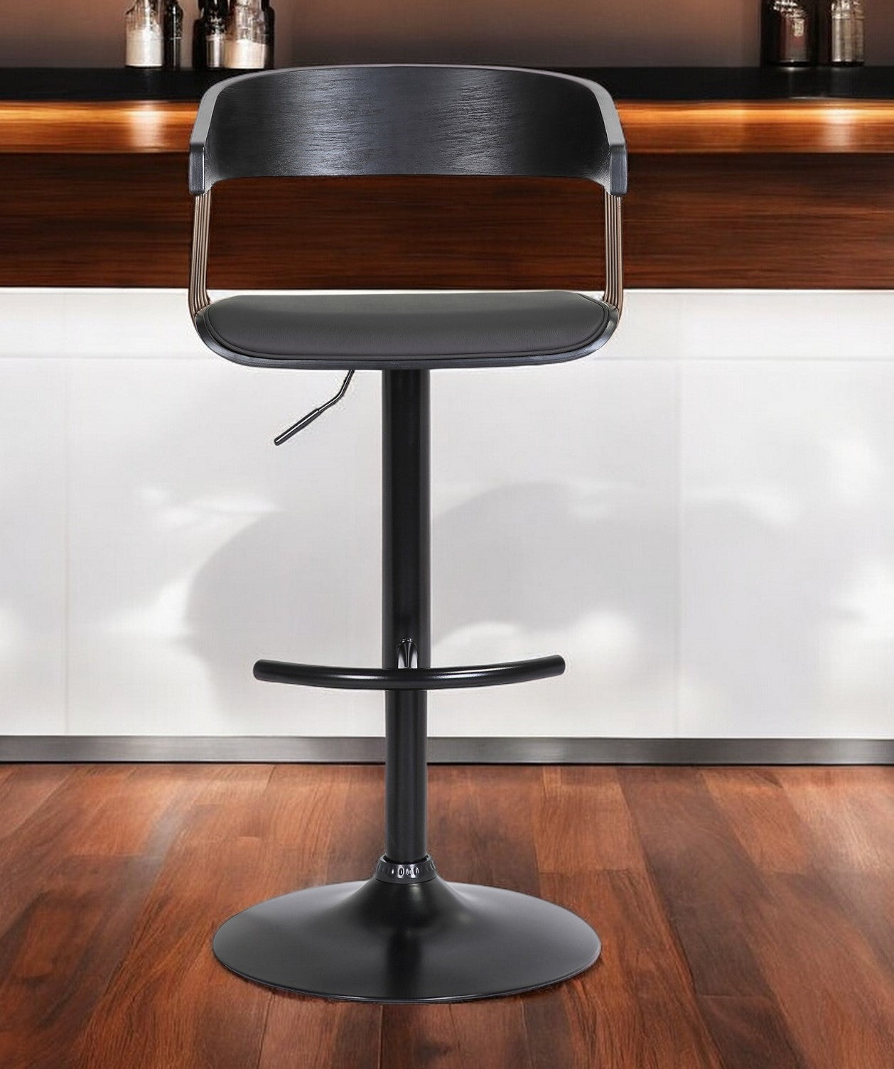 Front view of Modern Black Faux Leather Swivel Bar Chair by Homeroots