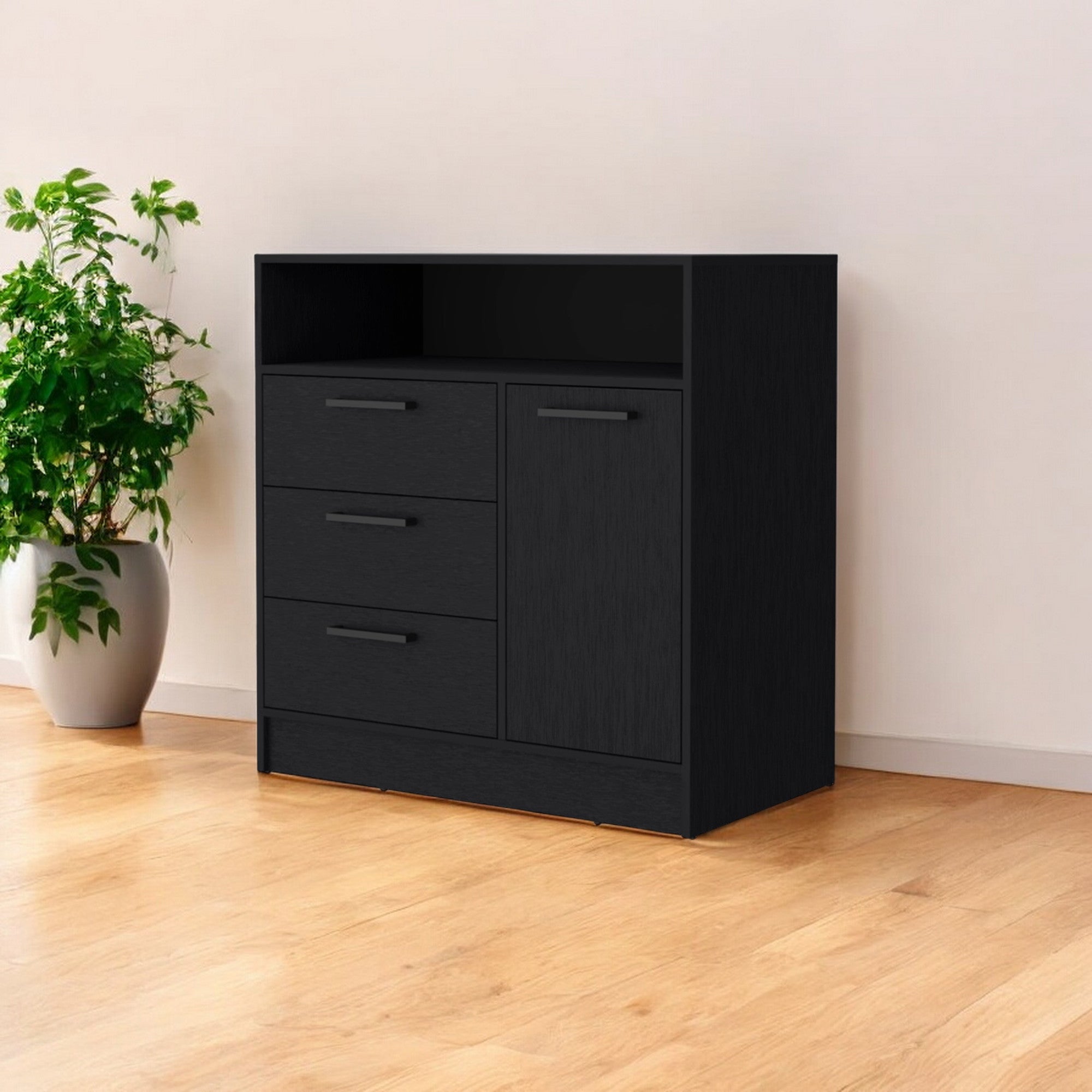 Front view of 35-inch black three drawer dresser by Homeroots