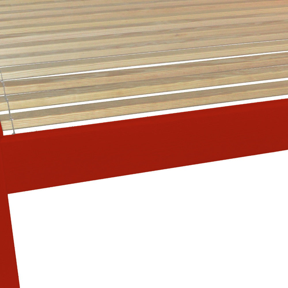 Detailed view of the sturdy legs of the Red Solid Wood Queen Bed Frame by Homeroots