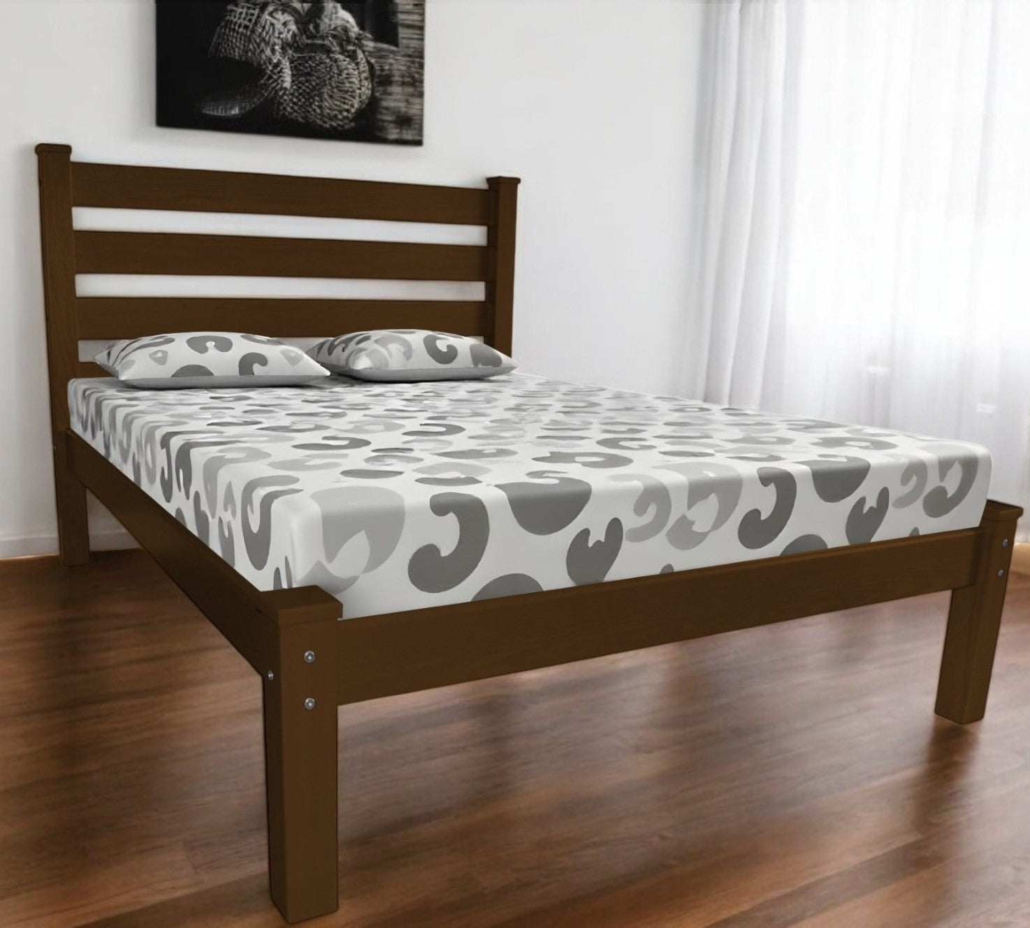 Side view of the sturdy coffee solid wood twin bed frame by Homeroots