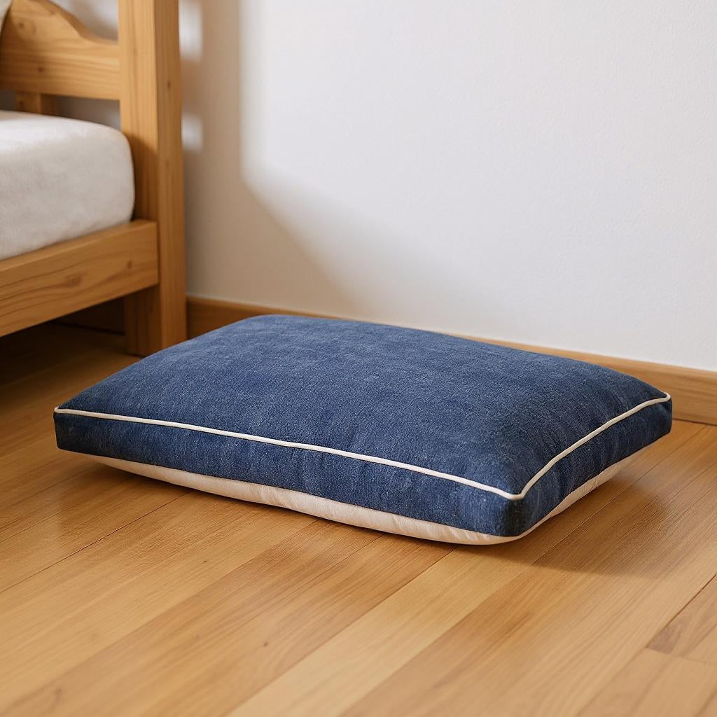 Overview of Luxurious Stonewashed Blue Dog Bed in a modern home setting