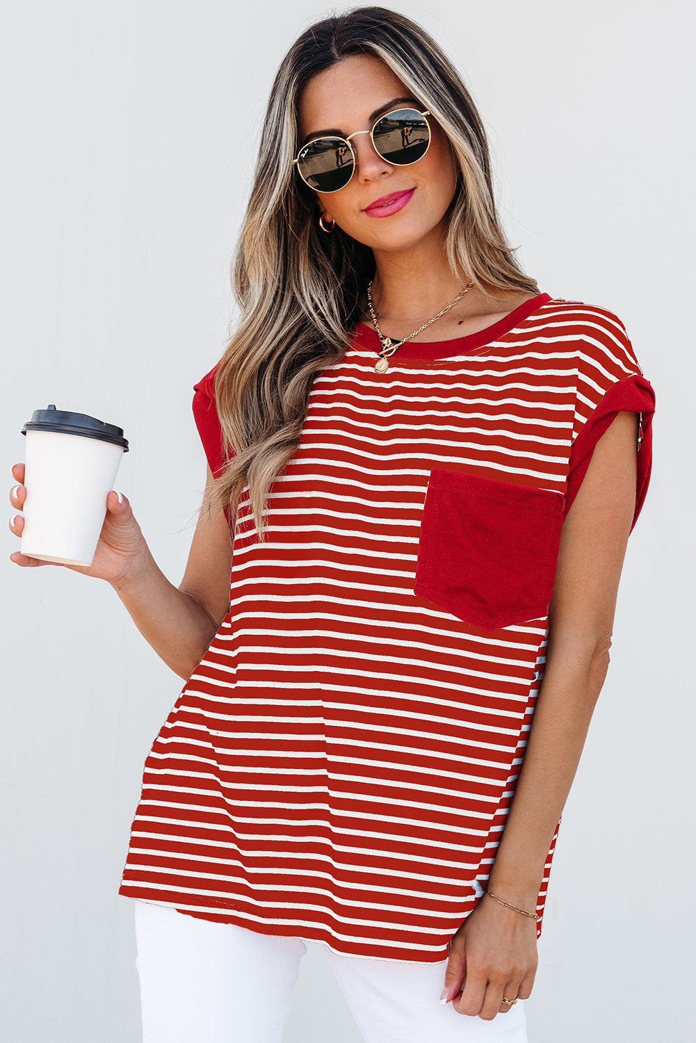 Front view of Annika Stripe Round Neck Tank Top in vibrant colors by Threaded Pear
