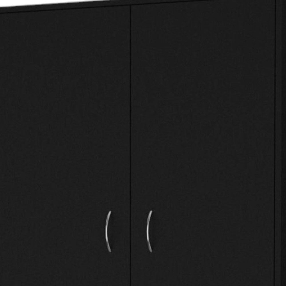 Close-up of drawer handles on 71" Black Two Door Three Drawer Combo Dresser