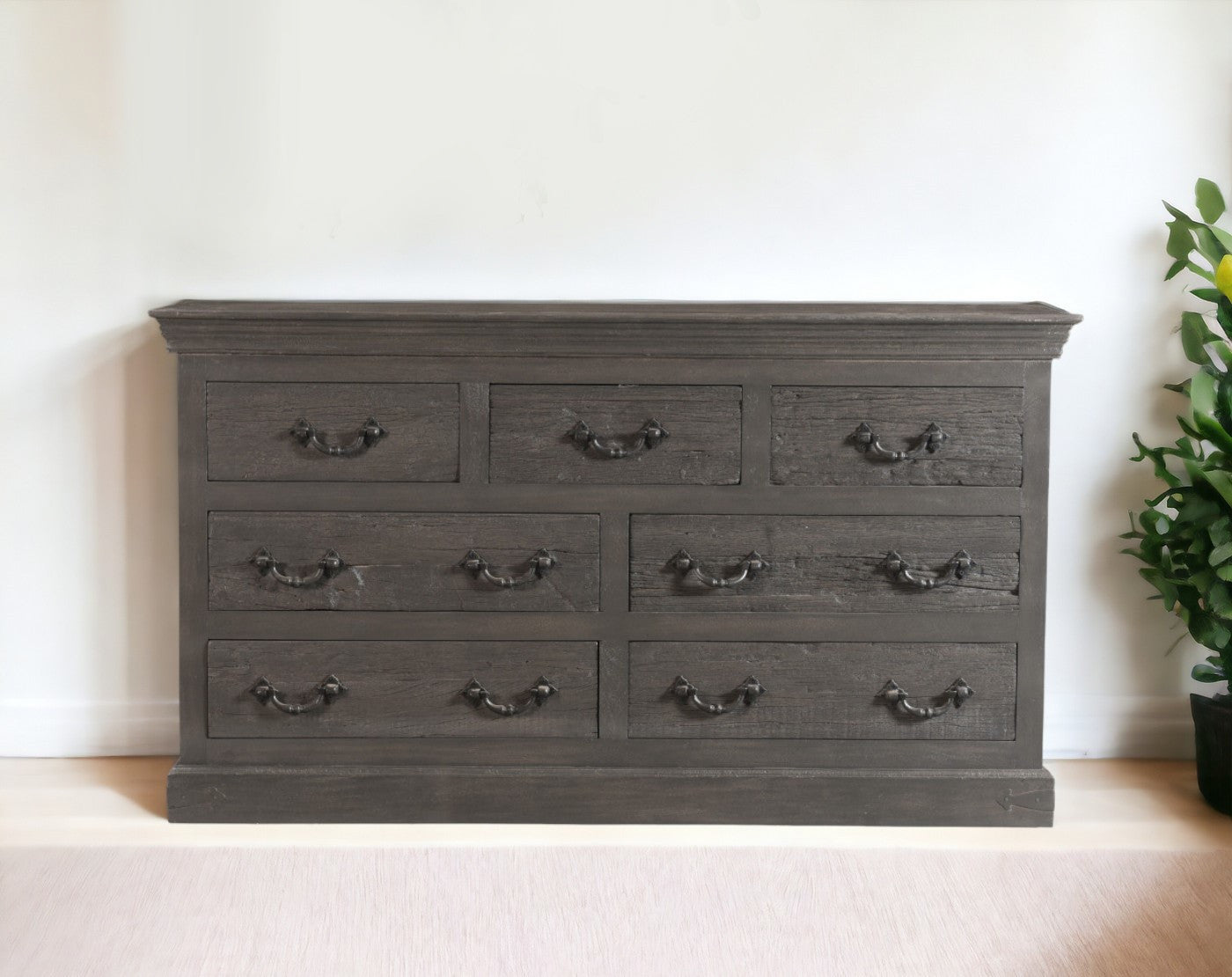 Wide top surface of the 64-Inch Gray Double Dresser with decor