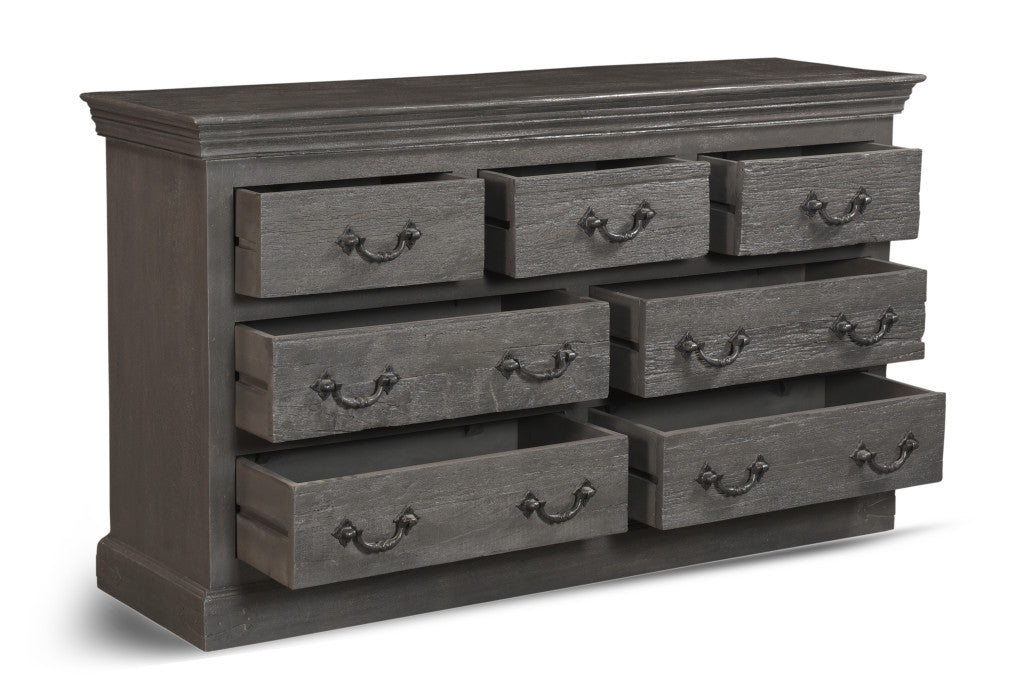 Lifestyle image of the 64-Inch Gray Solid Wood Dresser in use