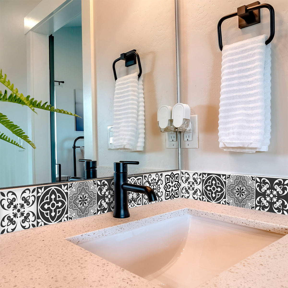 Fireplace adorned with 12" Grey Mosaic Peel and Stick Tile by Homeroots