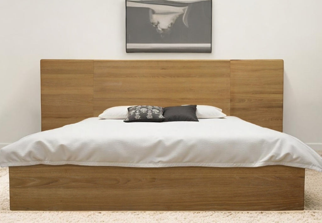Elegant front view of Mid-Century Modern Natural Wood King Bed Frame by Homeroots