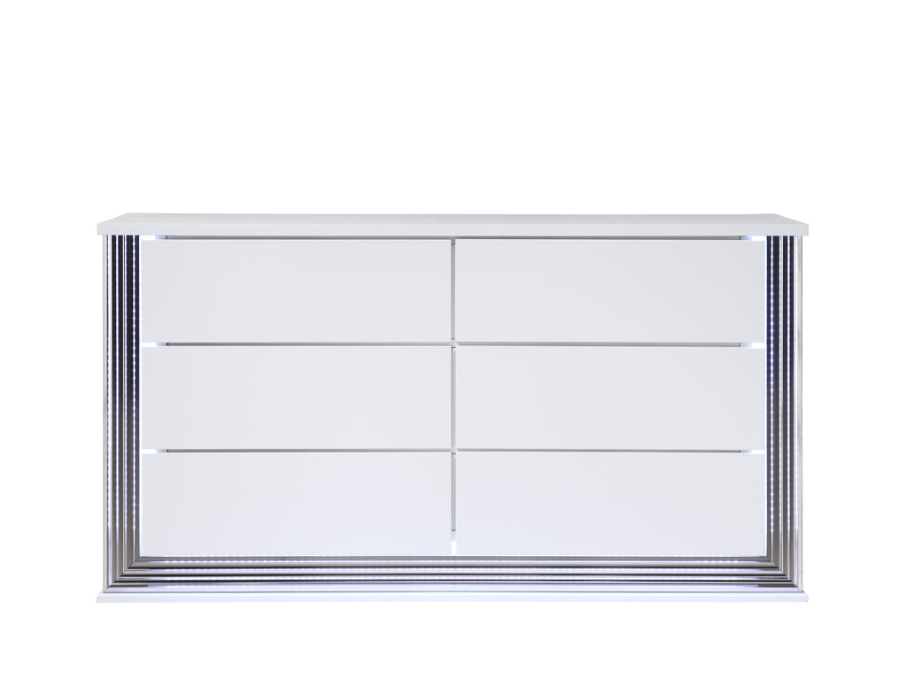 61" White Wood Lighted Six Drawer Double Dresser