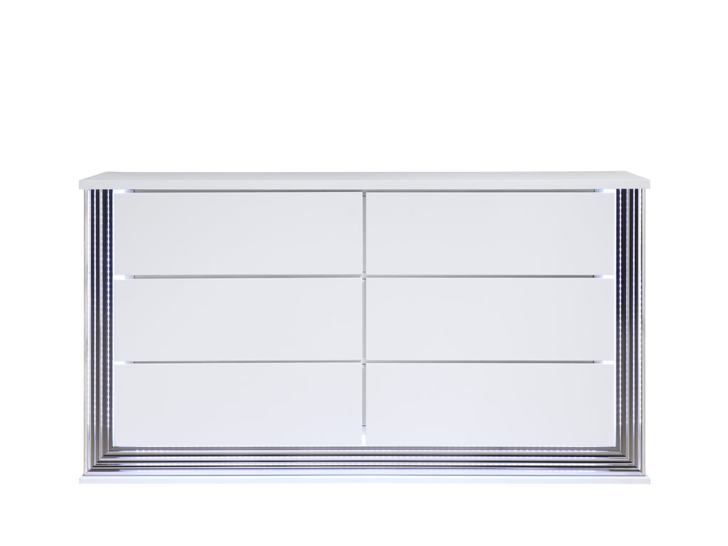 61" White Wood Lighted Six Drawer Double Dresser