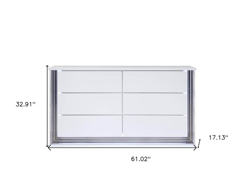 61" White Wood Lighted Six Drawer Double Dresser