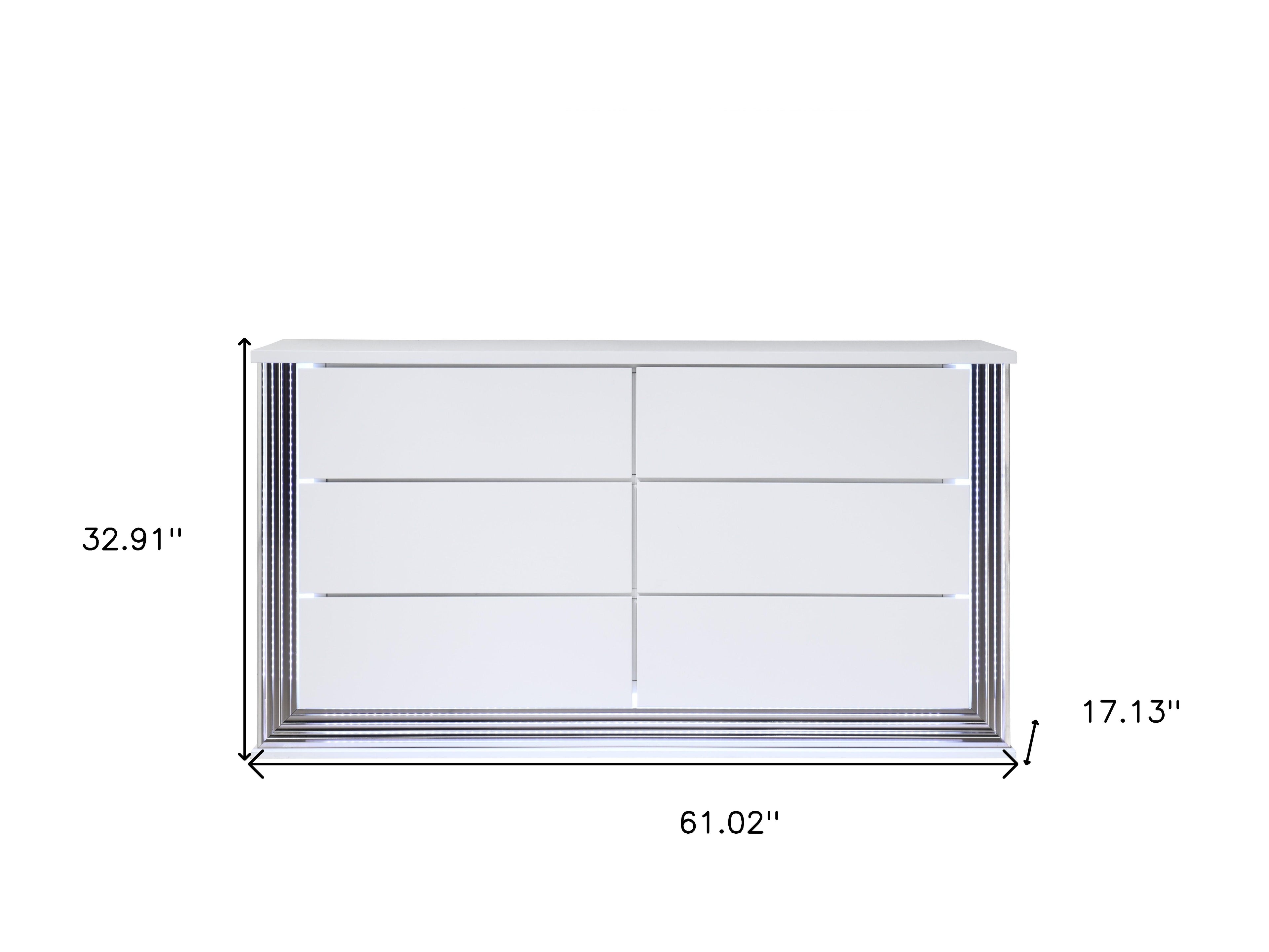 61" White Wood Lighted Six Drawer Double Dresser