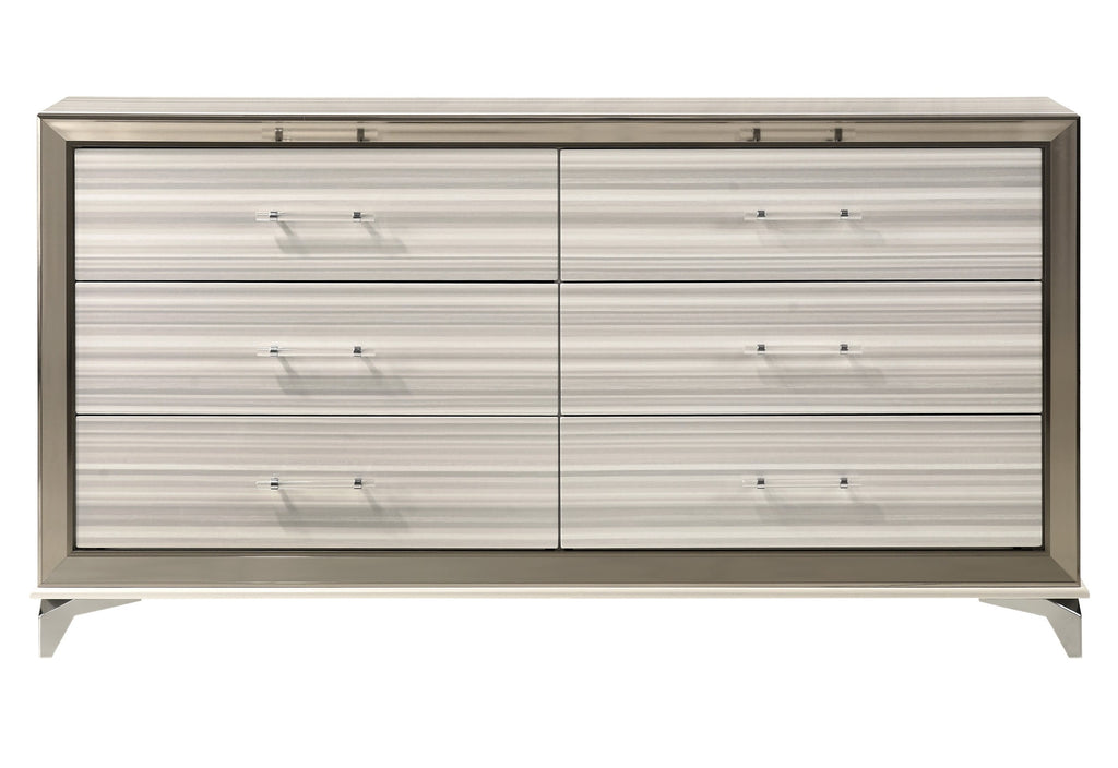 Front view of 64" White and Silver Wood Double Dresser by Homeroots