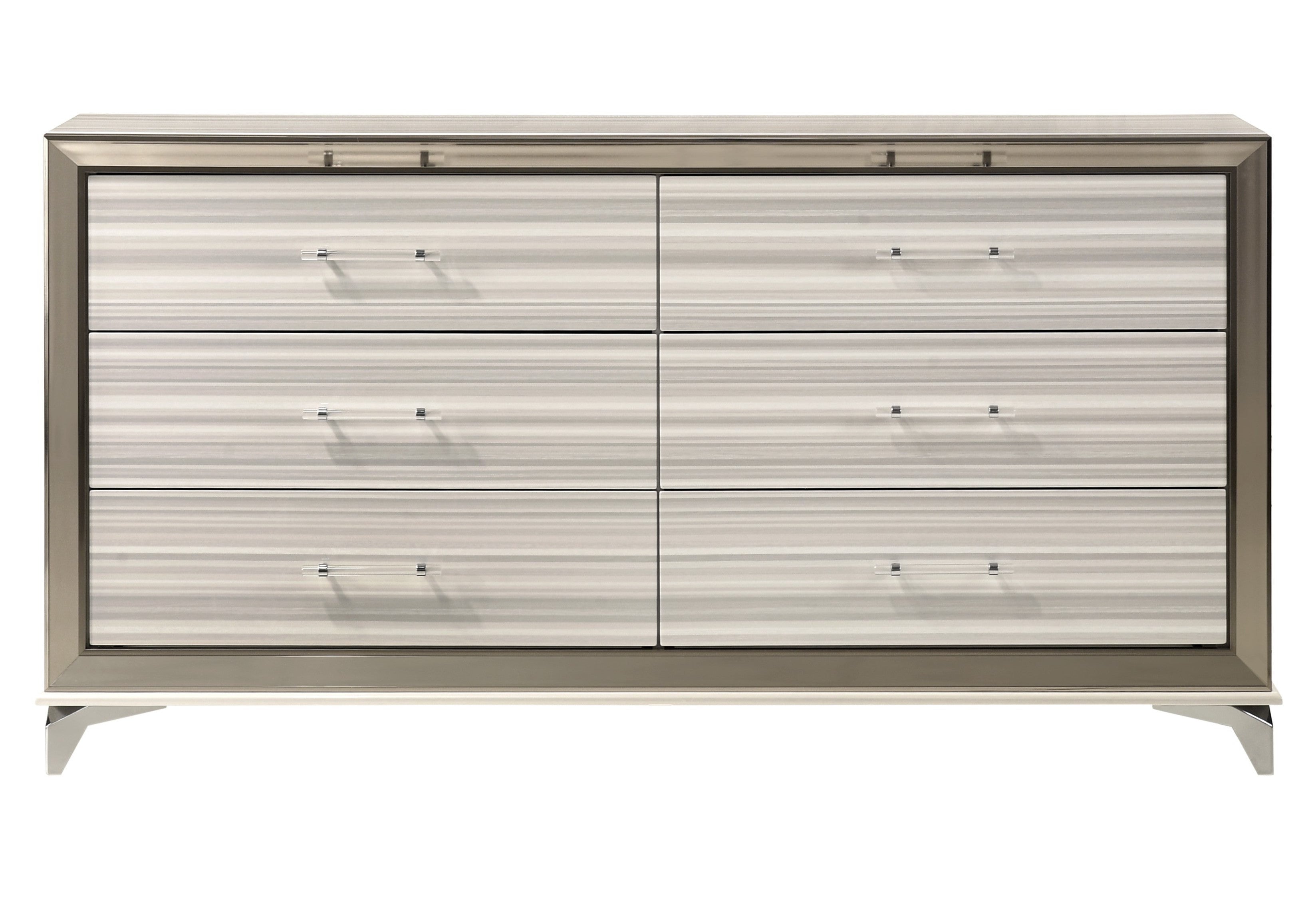 Front view of 64" White and Silver Wood Double Dresser by Homeroots