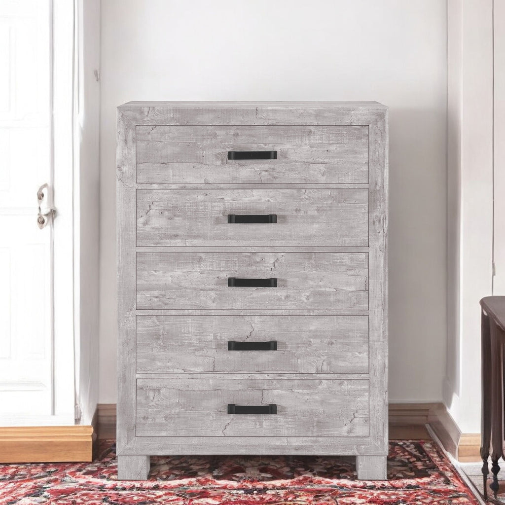 Full view of the 48-Inch Gray Wood Five Drawer Dresser in a stylish bedroom