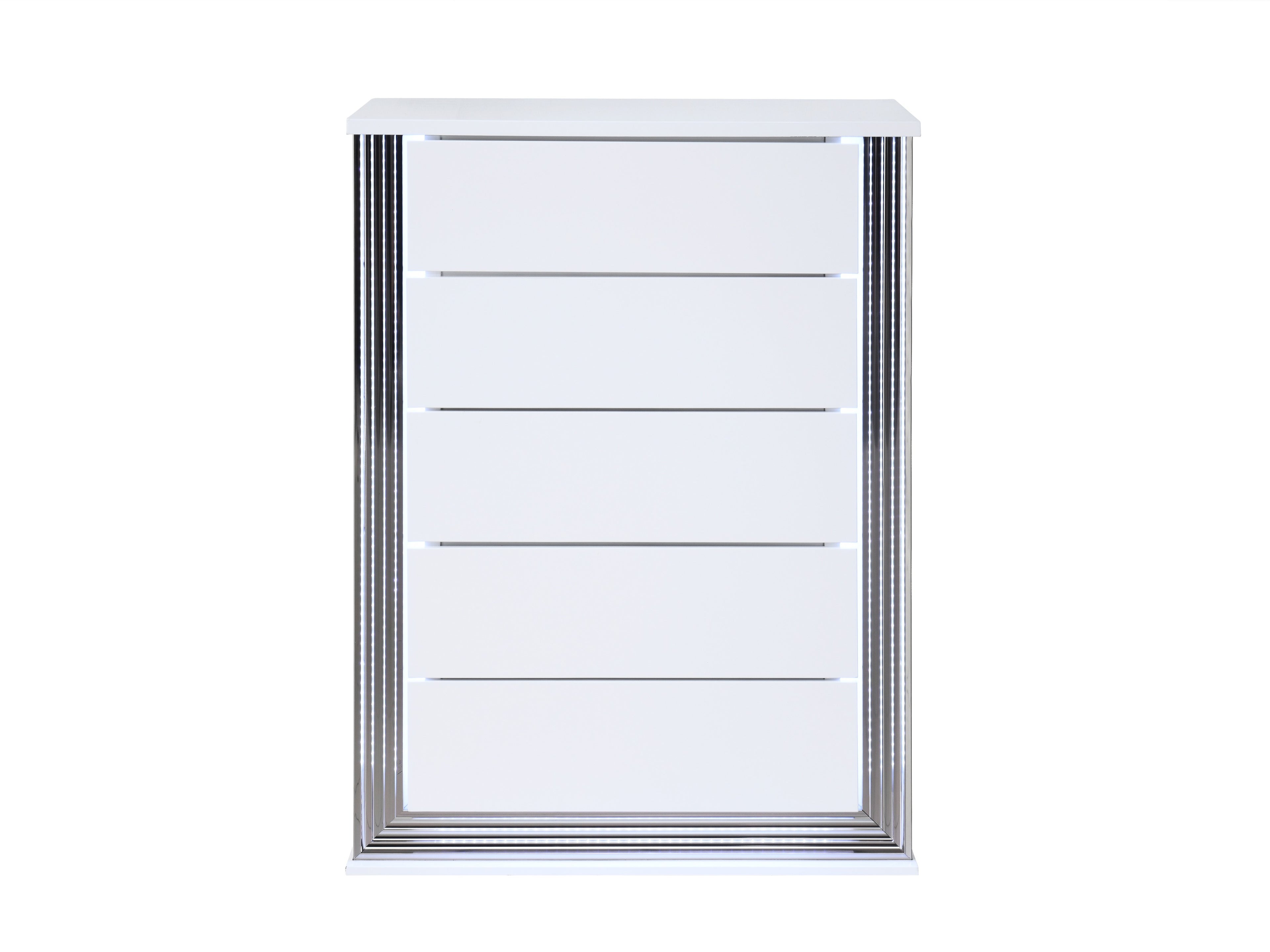 Front view of 49-inch White Wood Lighted Five Drawer Dresser by Homeroots