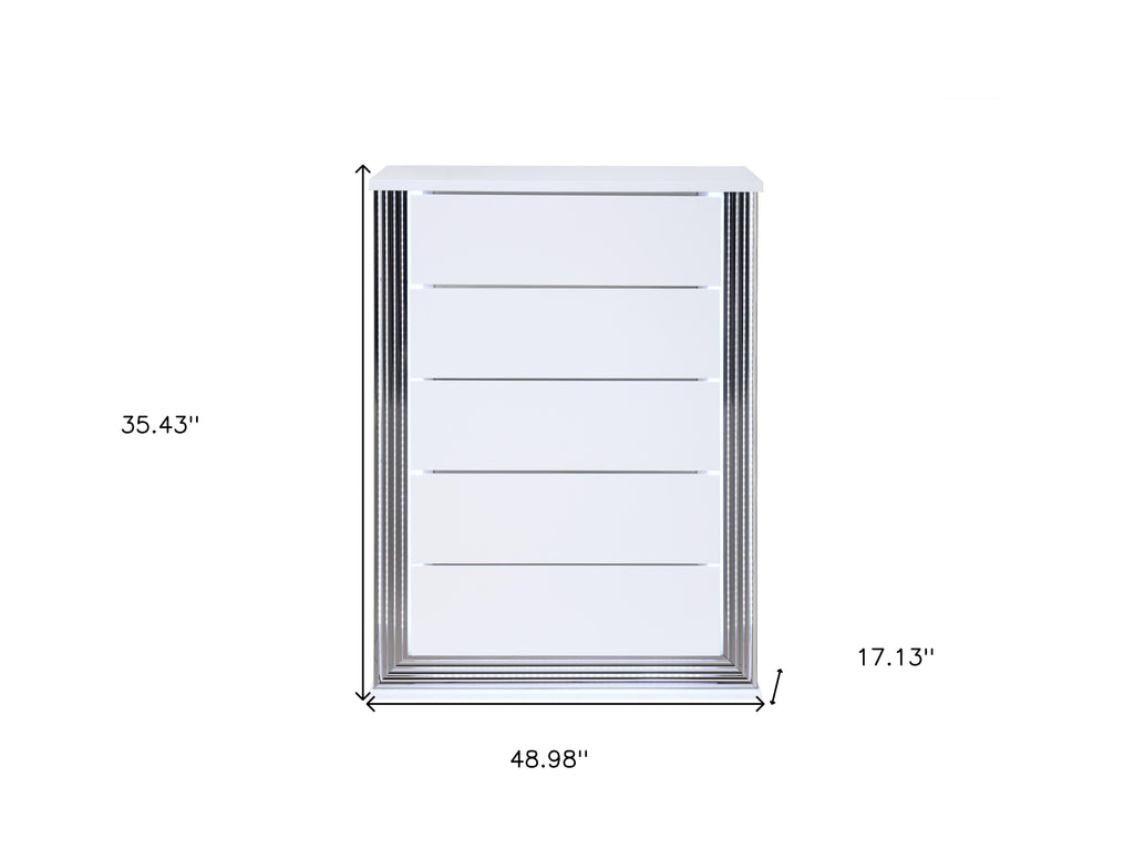Detail of white wood finish on 49-inch Lighted Five Drawer Dresser