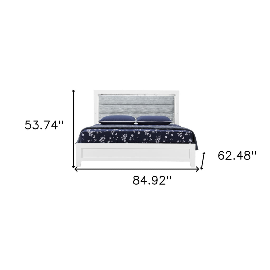 White and Light Gray Ribbed Texture Wood And Upholstery Lighted Queen Bed Frame