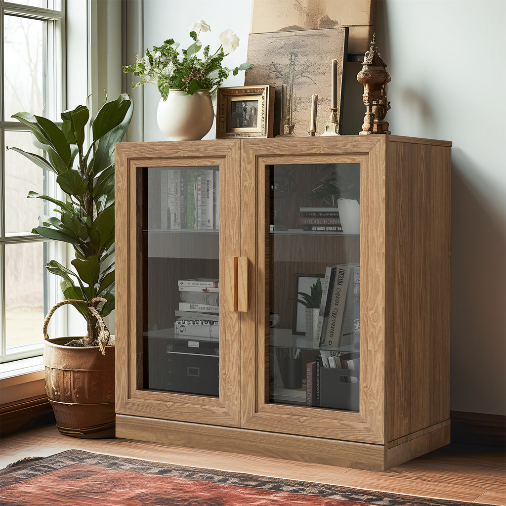 31" Natural And Clear Glass Door Accent Cabinet With Three Shelves