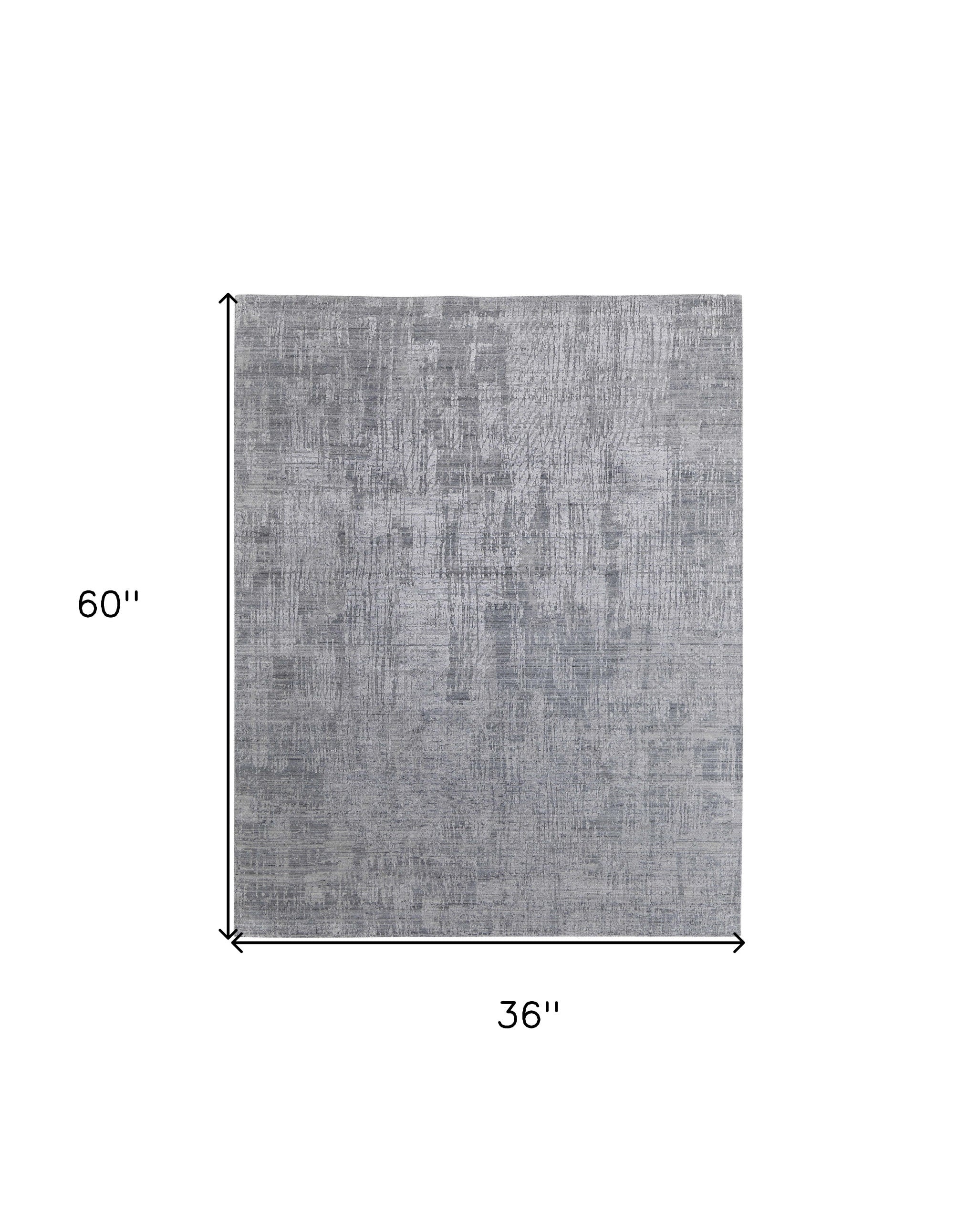 3' X 5' Light Blue and Silver Abstract Hand Woven Worn Faded Area Rug