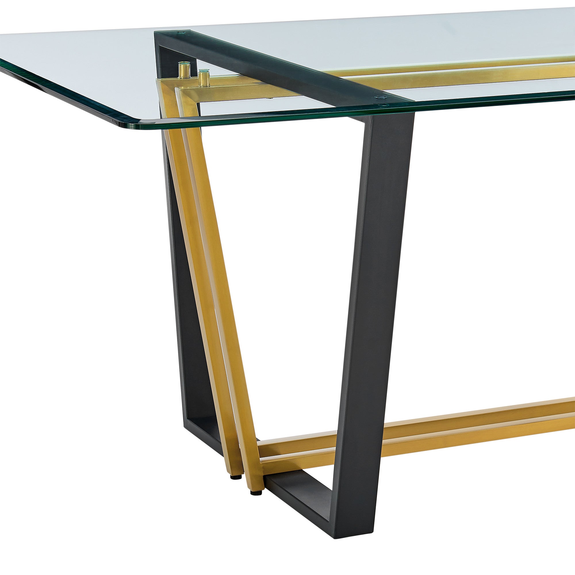 Side angle of the Clear Glass and Gold Dining Table showcasing sled base